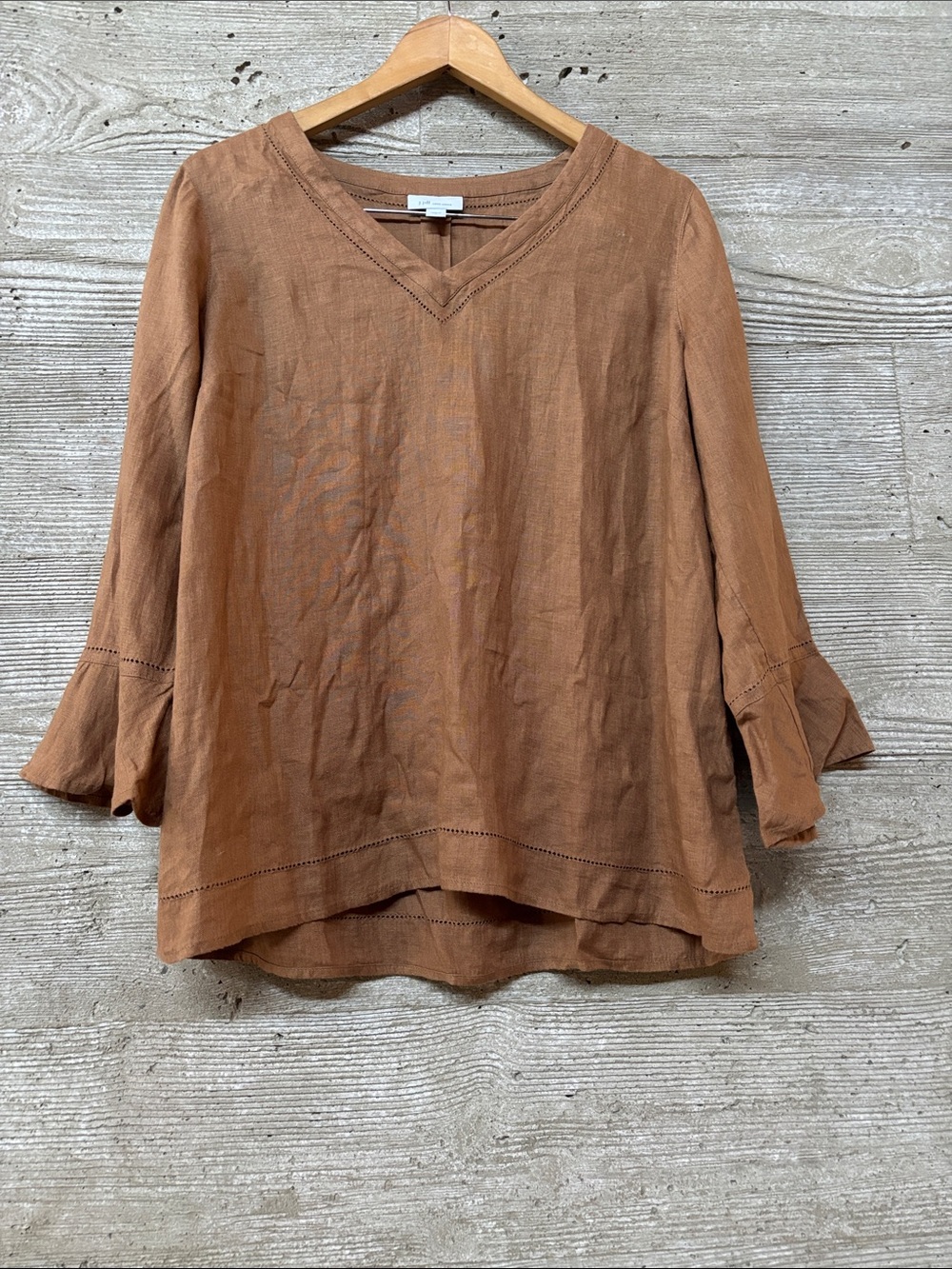 [New] J. Jill (S) Honey Brown Linen Top with 3/4 Flounce Sleeves